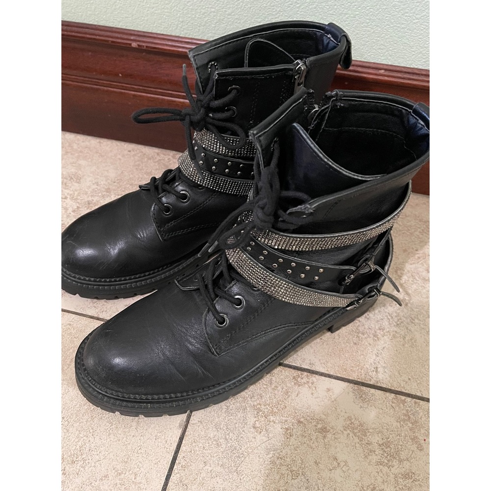 Steve Madden Women's Black Combat Boots Rhinestones Studded Strap Leather Size 8